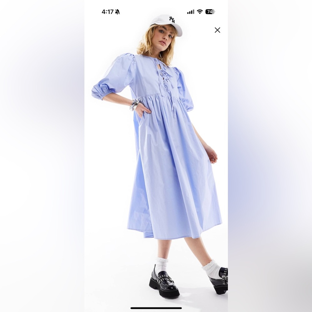 Glamorous - tie front puff sleeve midi smock dress in powder blue